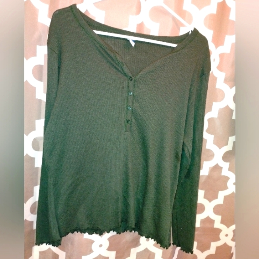 Old Navy Women's Dark Green Button-Up Henley Top